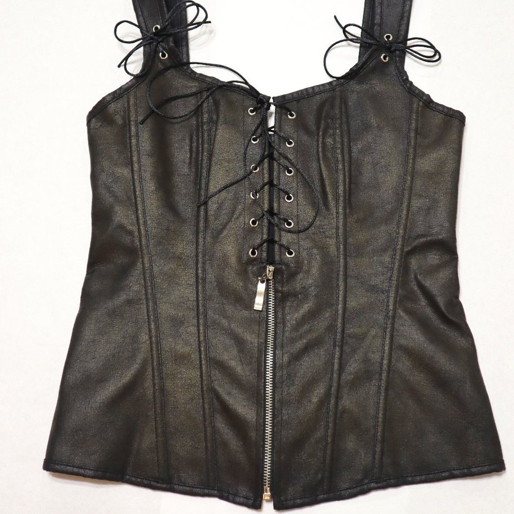 Charmain Faux Leather Steampunk Zip Lace Up Corset - Size L